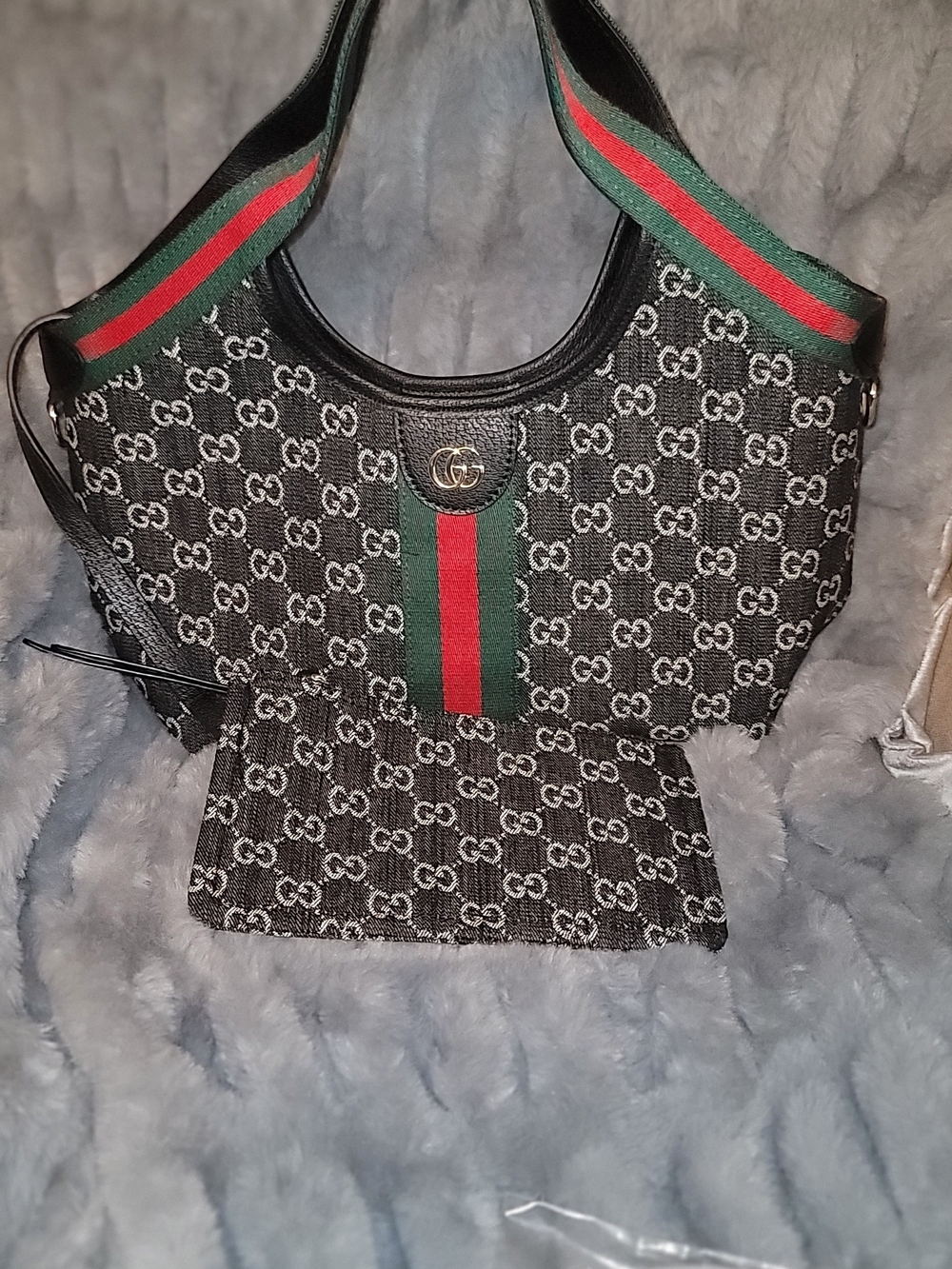 Black GG Canvas Shoulder Bag with Green and Red Web